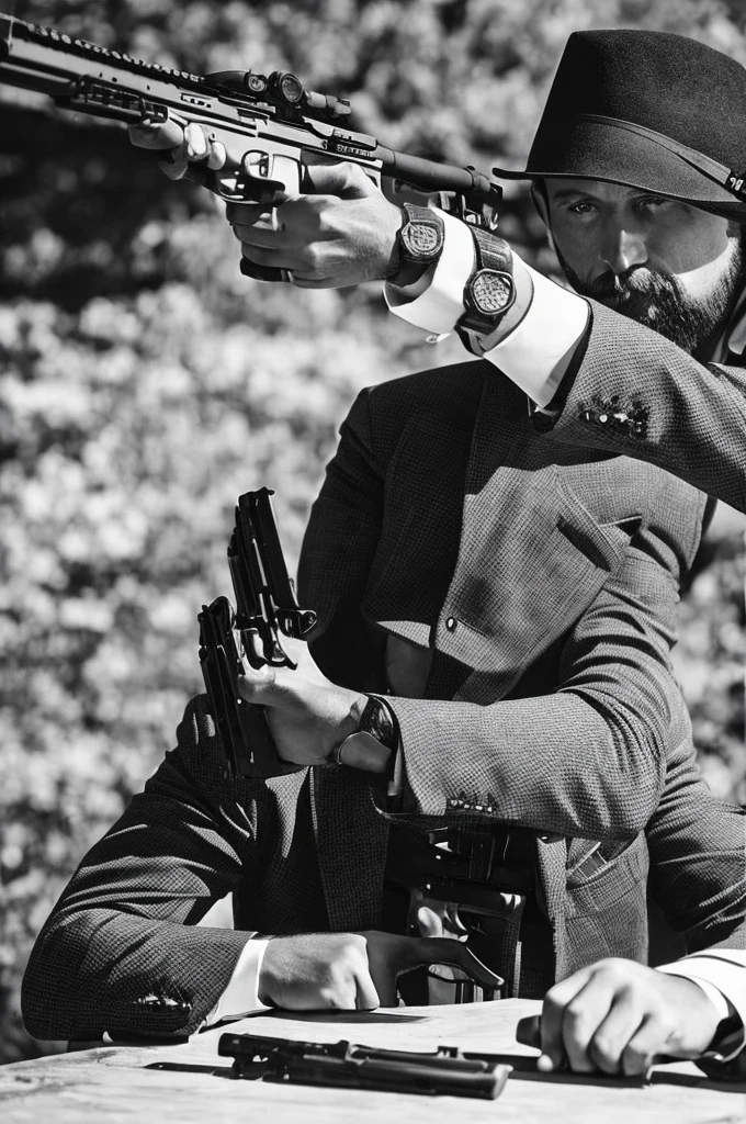 A man with a gun black and white image 