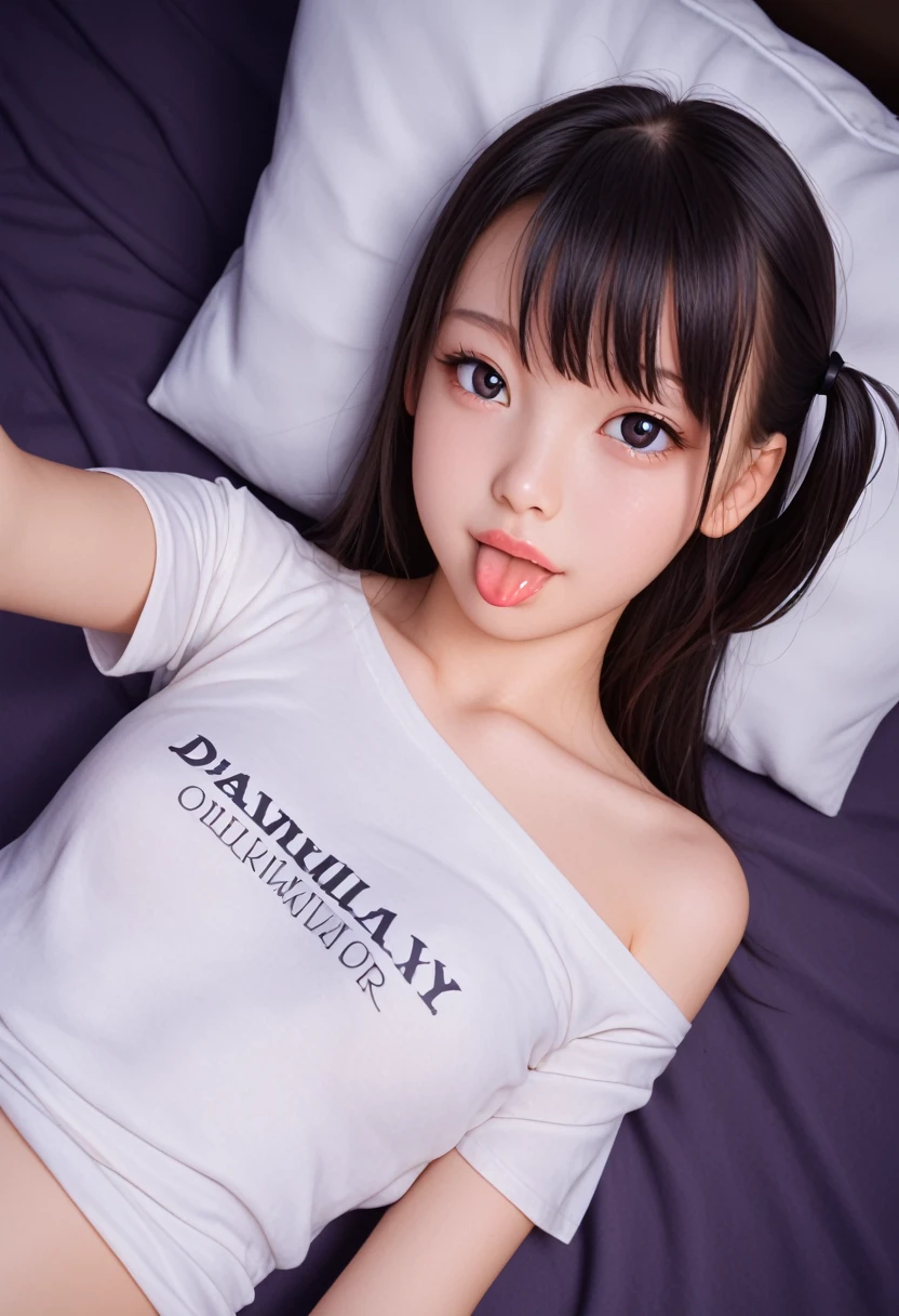 ollarbone,pastel colors t-shirt,off-shoulder look,bare shoulder,midriff peek,string panties,open mouth,(tongue out:2),lying,Selfie,looking ahead,from above,front view,upper body,(1girl,Beautiful 14 year old girl),((Slender,Small breasts,Small face,)),(looking at viewer),Black Hair,bangs,one side up,Beautiful and detailed,(Dimly lit room:1.5),Simple Background,bed,pillow,best quality,Brilliant Quality