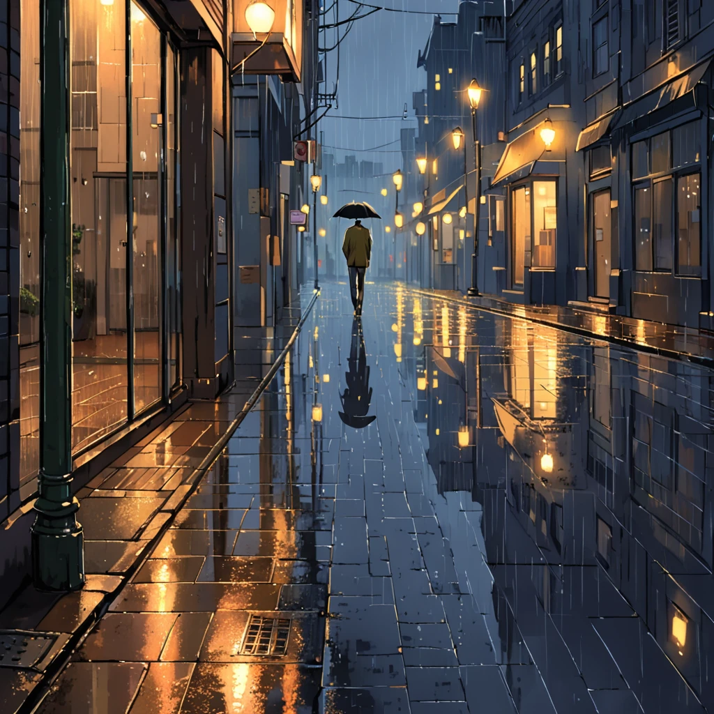 In the night street, raindrops gently patter on the pavement as street lamps cast faint, warm glows. A quiet atmosphere envelops the corners of this city, pierced only by the sounds of rain and occasional passing vehicles. A young man walks alone along the damp street, his pace slow, shoulders dampened by the drizzle. He gazes up at his reflection under the streetlamp, eyes carrying a hint of melancholy and introspection, as if retracing a memory or thought in his heart. Buildings on either side of the street are faintly visible in the night, their outlines sharpened and blurred by the washing rain.
