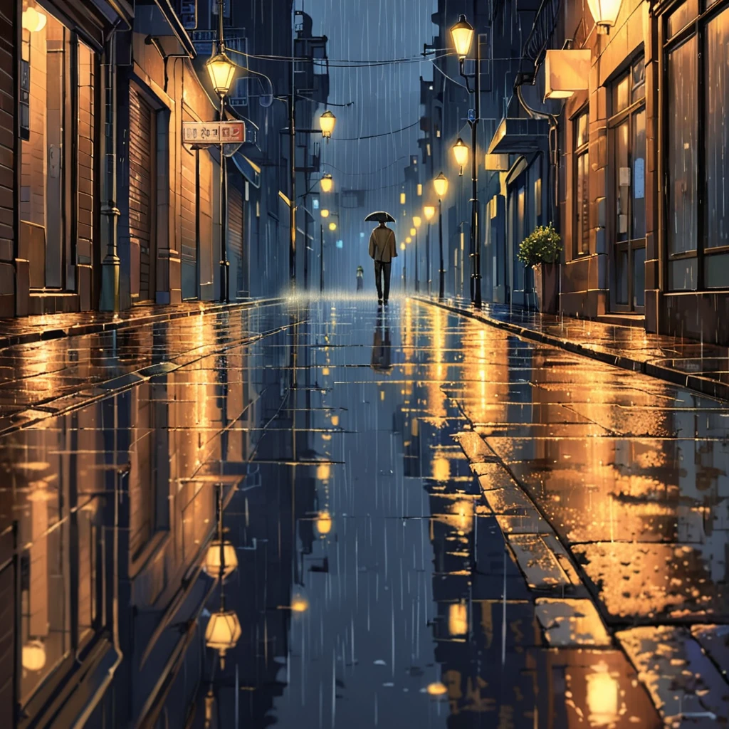 In the night street, raindrops gently patter on the pavement as street lamps cast faint, warm glows. A quiet atmosphere envelops the corners of this city, pierced only by the sounds of rain and occasional passing vehicles. A young man walks alone along the damp street, his pace slow, shoulders dampened by the drizzle. He gazes up at his reflection under the streetlamp, eyes carrying a hint of melancholy and introspection, as if retracing a memory or thought in his heart. Buildings on either side of the street are faintly visible in the night, their outlines sharpened and blurred by the washing rain.