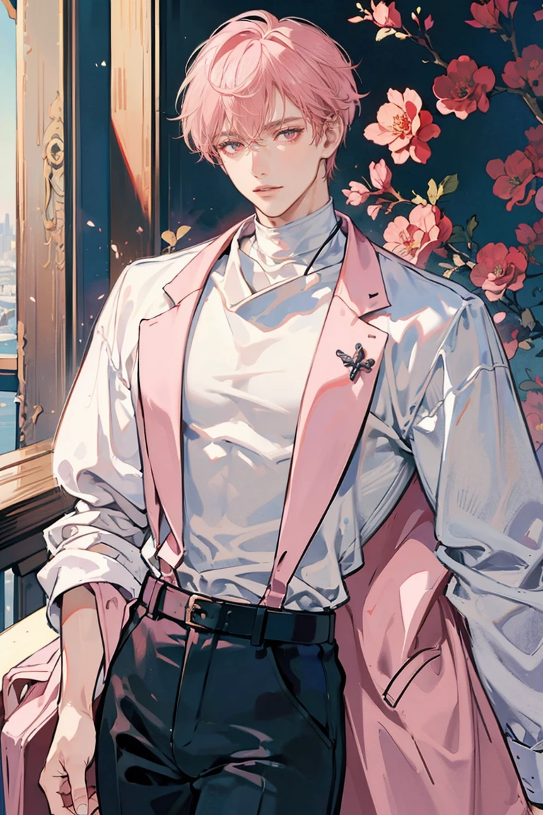 (masterpiece), best quality, seductive eyes, mature face, handsome man, red eyes, short length light pink hair, white turtleneck, black pants, broad shoulders, anime cover, 1boy, masculine
