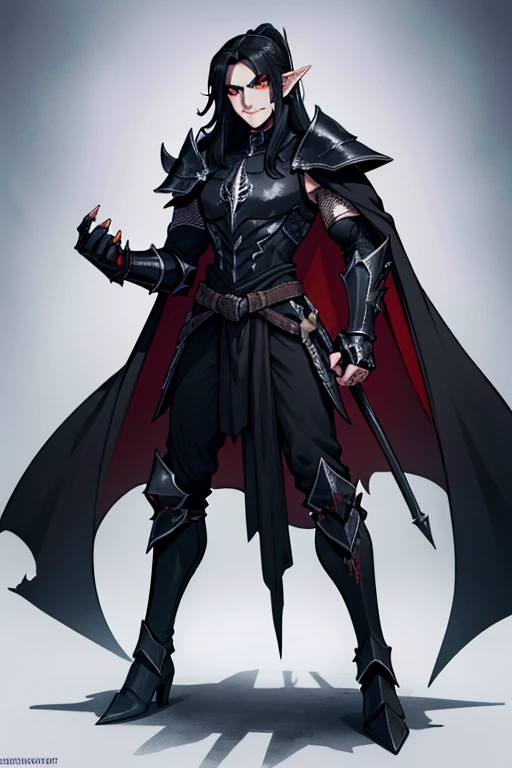 male, black long hair in ponytail, orange eyes, dark elf, dark skin, pointed ears, (((1boyl))), (((black metal armor))), (black metal clawed gauntlets), (black metal boots), (black metal shoulder guards), (black metal hip guards), (black metal helm), (red cape), (purple pants), (black broadsword), long legs, smiling, handsome