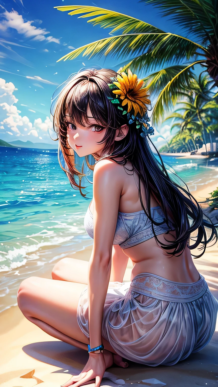 (Best lighting, Best Shadow, masterpiece, high quality), colorful, Vibrant, Summer mood, lots of bright colors, Beautiful woman in light summer clothes, Hair loss, Sit on the clear water and white sand, Bright blue sky.  masterpiece, 最high quality, high quality, High resolution, sexly, 
