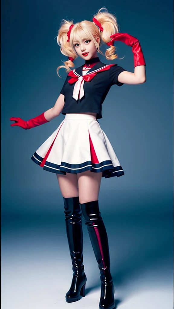 The person is also generated vertically.Create a highly detailed image of a confident, magical girl character striking a dynamic pose. The character should have long, blonde twin-tails with red accessories, and she should be wearing a white and navy blue sailor outfit with a large red bow on the chest. Her outfit should include white gloves, red knee-high boots, and a red choker. Background is dim and scary.