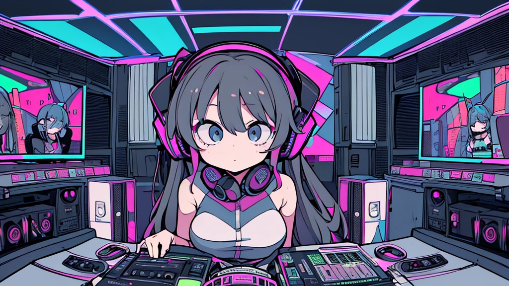 Best quality, (masterpiece), best detail face,1 girl, big breasts, 18 yo, 8k,absurdres,unity 8k wall paper,(extremely detailed:1.3), highest realistic, (retro headphones:), (soft neon light:), (psychedelic), Her room full of music equipment and records, sports wear , See the whole room , dark grey color pallet
