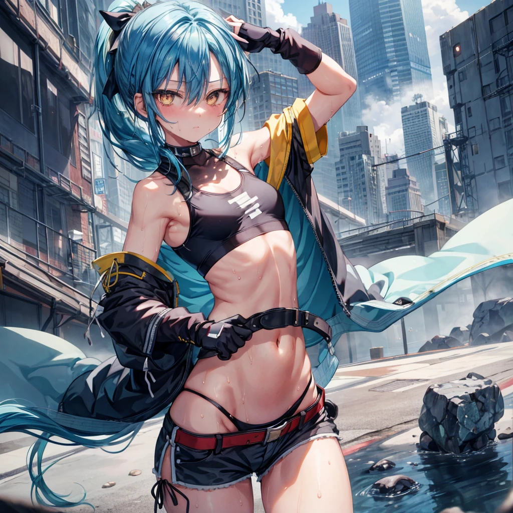 ((Highest quality)), ((masterpiece)), ((detailed)), (4K), a girl with blue hair and a top with short sleeves holding a screw driver, 1girl, 独奏, long hair, blue hair, navel, gloves, shorts, breasts, sweat, wrench, short shorts, very long hair, underwear, panties, holding, belt, arm up, ponytail, small breasts, blurry background, looking at viewer, black gloves, white panties, sports bra, wiping sweat, bow, bare shoulders, bangs, cowboy shot, yellow eyes, midriff, hair bow, expressionless