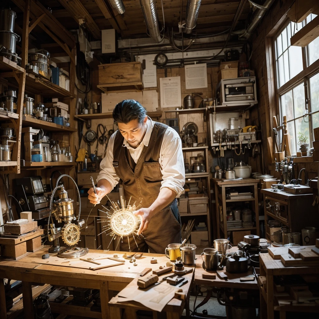 Create a creative and imaginative image of a master craftsman wearing yellow work clothes and proficiently using various tools. Set him in an unconventional and fantastical workshop, such as a steampunk-inspired studio with intricate gears and mechanical wonders, or a magical realm where tools come to life with enchanting powers. Infuse the image with elements of innovation and creativity, showcasing his expertise in a unique and captivating environment. Capture the spirit of craftsmanship and imagination, creating a visually striking and imaginative scene.