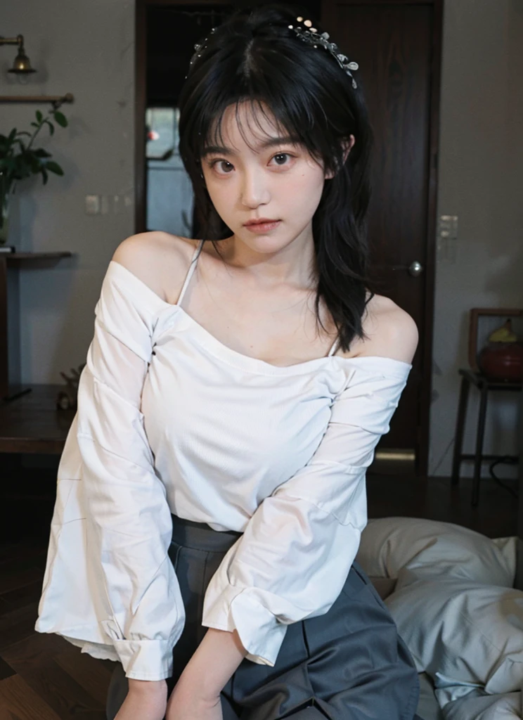 best qualtiy, Ultra-high resolution, (realisticlying:1.4), one-girl, A pair of clear and moving peach blossom eyes,Royal sister,Off-shoulder white shirt, Black tight skirt, (Faded gray-gray hair:1), (big cleavage breasts:1.2), looking at viewert, closeup cleavage ,