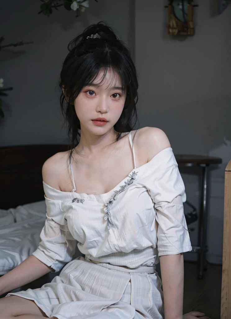 best qualtiy， Ultra-high resolution， （realisticlying：1.4）， one-girl， A pair of clear and moving peach blossom eyes,Royal sister，Off-shoulder white shirt， Black tight skirt，  （Faded gray-gray hair：1）， （big cleavage breasts：1.2）， looking at viewert， closeup cleavage ，