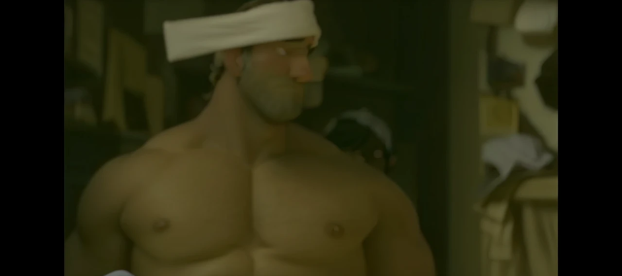 Hot, sweaty, beefy, shirtless dad on the bed with his hands tied up behind his head. He also has big, bushy, hairy armpits. Big cockhead bulge on his underwear. (He is also blindfolded with a cloth tied around his eyes, covering his eyes). (He also has a dad bod).