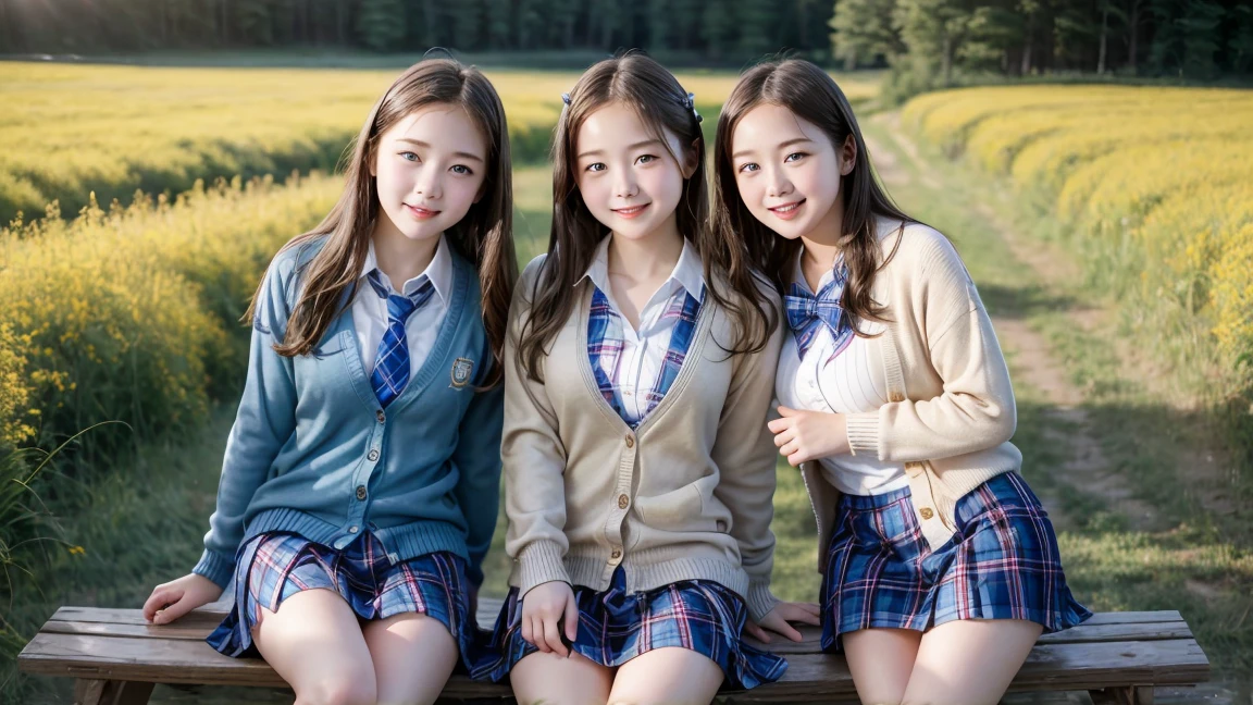 (3 girls)Young faceอินโดนีเซีย, 12 years,smile, white skin, Round breast, blue eyes,((Female high school student uniform、cardigan、Very short plaid skirt、))Masterpiece, Highest quality, 8K, beautiful girl, Young face、 photography, Cute face, thigh,In the meadow, Embarrassing、รอยsmile、((((((อายุ 12 years))))))、small waist、 ((Busty breasts))