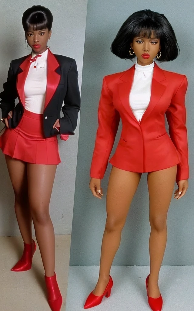 90s anime black skinned business woman in a red skirt and red blazer suit full body