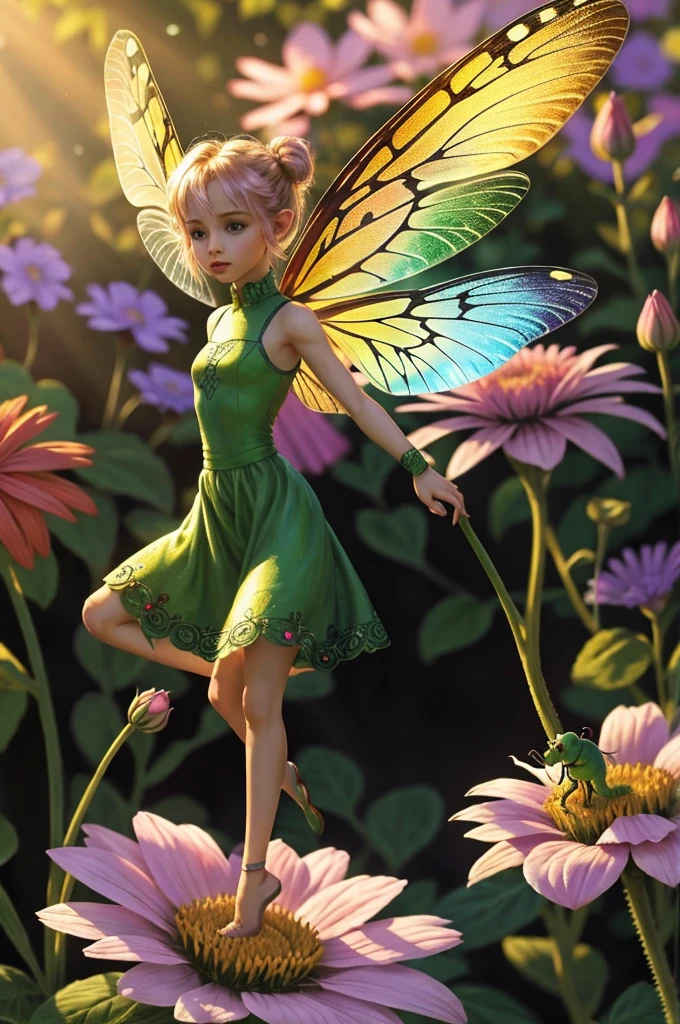 tiny pixie fairy with dragonfly wings on a giant flower in a garden bright morning sunlight (zrpgstyle) (masterpiece:1.2) (best quality:1.2) (detailed) (intricate) (8k) (HDR) (cinematic lighting) (sharp focus)