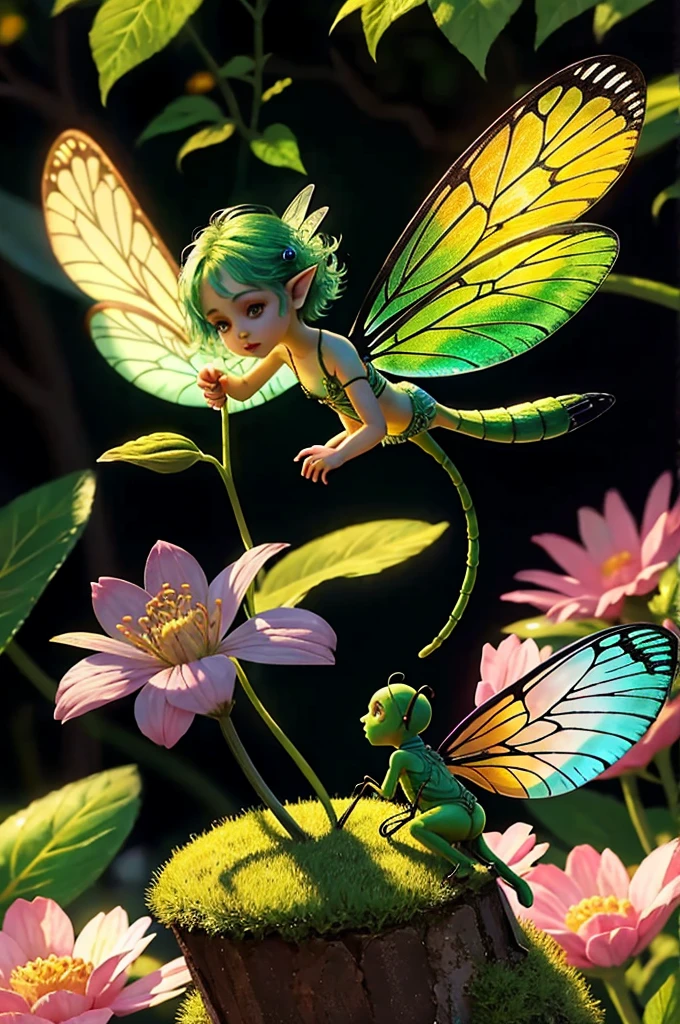 tiny pixie fairy with dragonfly wings on a giant flower in a garden bright morning sunlight (zrpgstyle) (masterpiece:1.2) (best quality:1.2) (detailed) (intricate) (8k) (HDR) (cinematic lighting) (sharp focus)
