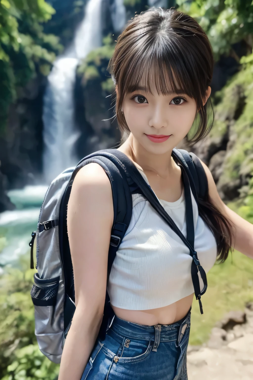 (8k, RAW photo, best quality, masterpiece, ultra detailed, beautiful:1.2), (realistic, photo-realistic:1.5), sharp focus, SIGMA 85mm f/1.4., depth of field, blur background, bokeh, cinematic, soft light, cinematic 

extremely cute 1 Japanese actress, 22 years old, detailed pale skin, detailed face, detailed brown eyes, naughty smile, looking at viewer, (extremely close up,  doggystyle, reaching out , Great style butt: 1.3), short straight black hair, Denim skirt, Beautiful long legs, High heel sandals,  (sideboob:1.2),(underboob:1.1), (Backpack for mountain climbing:1.3), sweat on skin, (hiking, walking :1.4), (Nabegataki Falls in Kumamoto:1.2), sunny