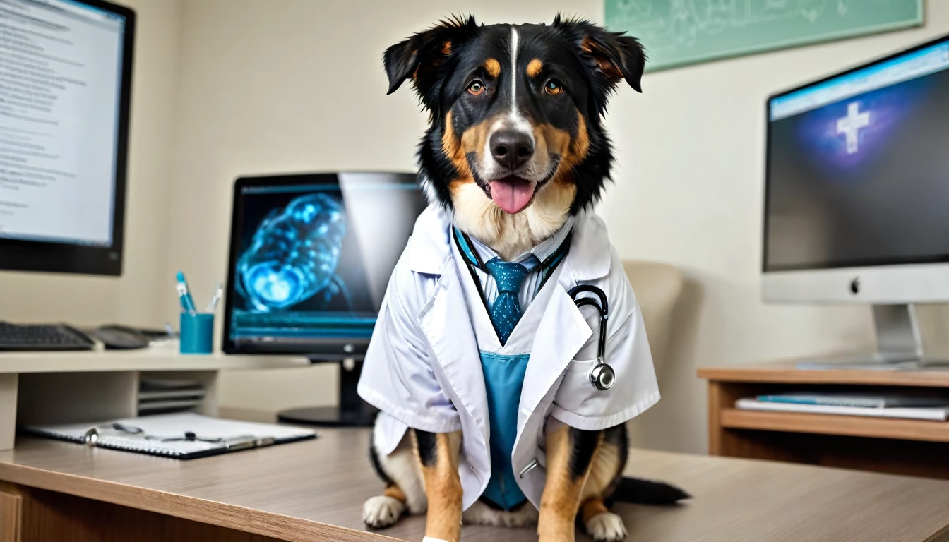 A realistic photography of an Australien Shepard dog dressed like a doctor, (((dog is wearing a white doctor coat))),((dog is sitting on a doctors chair on a typical doctors desk)), computer, doctor room, background is a shelf with typical doctor books, background are typical doctor pictures, funny, happy, high detailed, uhd, hdr, 8k, soft lighting, view far away