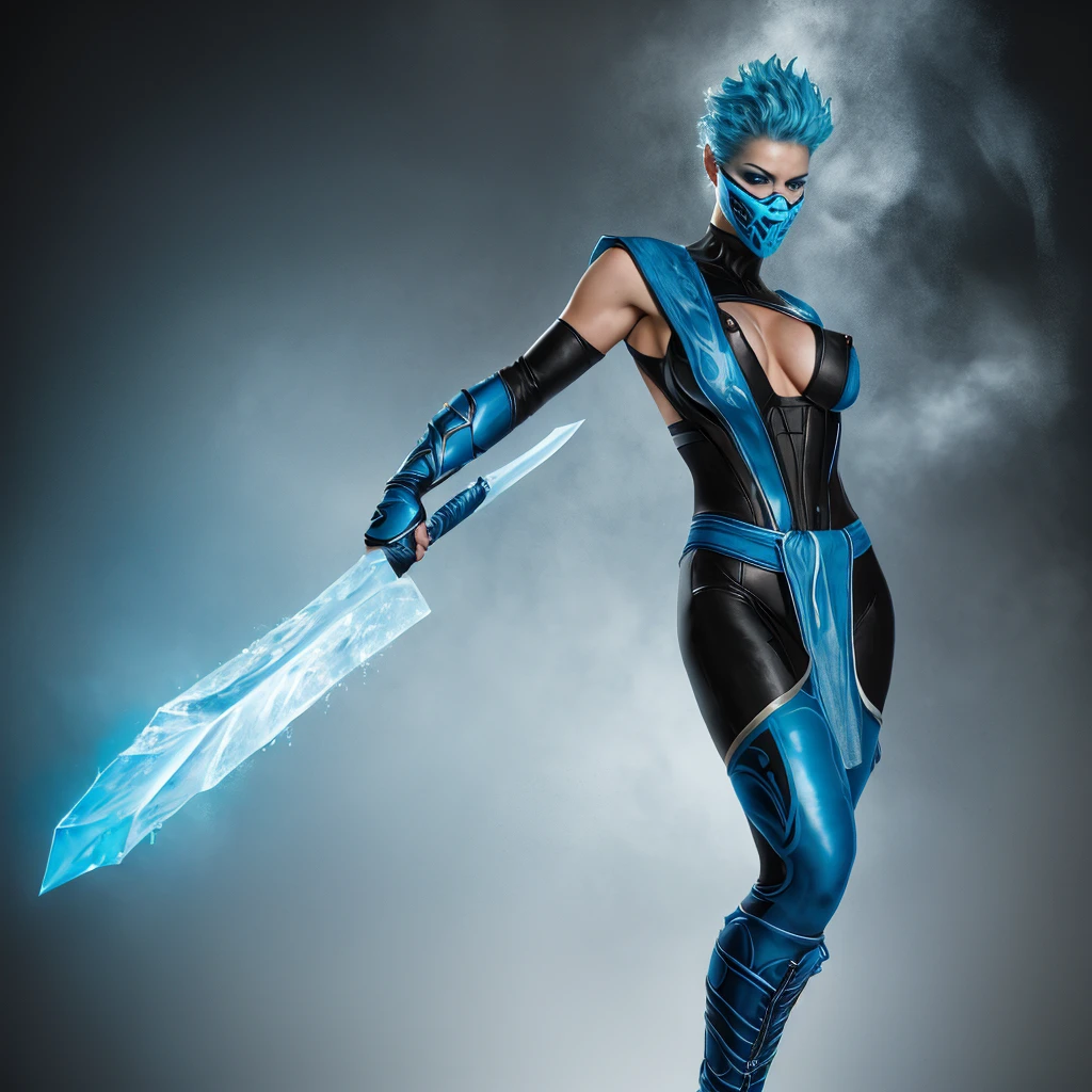 Frost, blue hair,  blue eyes, solo, standing, close up, short hair up, spiked hair,covered nipples, 
FroNin, mask,  fingerless elbow gloves, ,bodysuit ,thighhighs, black footwear, heels, pelvic curtain, stars,typical  blue martial arts uniform, arm and leg guards, an icy blue mask, wielding an ice sword, icy background particles,icy waves, stunning detailed background, icy steam from hands, icy steam from mask, icy steam from suit,((complex background))
(insanely detailed, beautiful detailed face, masterpiece, best quality) a black jumpsuit with attached blue tabard and belt and printed armour detailing on the shins and arms, icy weapons, dynamic pose, midriff, snowflakes,ice, 

Ben Bauchau, Michael Garmash, Daniel F
Gerhartz, Clint Cearley, Carne Griffiths, Jean Baptiste
Monge, strybk style, warm dreamy lighting, matte
background, volumetric lighting, pulp adventure
style, fluid acrylic, dynamic gradients, bold color,
illustration, highly detailed, simple, smooth and clean
vector curves, vector art, smooth, johan grenier,
character design, 3d shadowing, fanbox, cinematic.
ornate motifs, elegant organic framing, hyperrealism
posterized, masterpiece collection, bright lush colors.
TXAA, penumbra, abstract minimalism, wet gouache


, FROST, FRONIN,