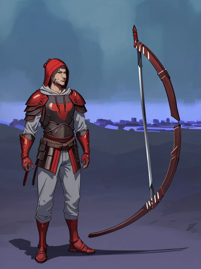 (masterpiece), best quality, high quality art, very detailed texture, super detailed picture high detail texture, high texture detail, super detailed render, hd detailed texture, 1man, standing, master piece, full body character concept, full body character design, full body concept art, Archer, face hidden by Hoodie shadow, Red armor, Red tattoo, swordman, detailed Armor, Archer, beside there is a Arrow, Red symbol, full Gray Armor japan, mask in mouth part
