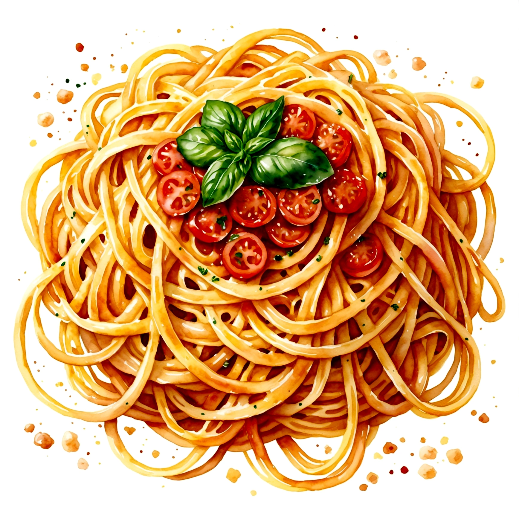there is a huge extremely delicious spaghetti, (watercolor), illustration, isolated with solid white background, surrounded with negative space, centered compositon, 8k, highly detailed painting, very precise painting, Isolated, clear brilliant white background