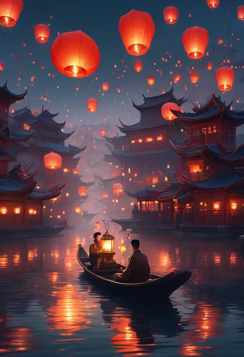 Chinese festival atmosphere,a person sitting on a boat in the water holding lanterns, in the style of futuristic landscapes, guys, gloomy metropolises, Ruan Jia, Grzegorz Domaradzki, oriental-like, cabincore,Beautiful and dreamy,Kongming Lantern Wishing Lantern