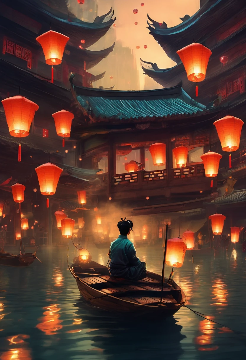 Chinese festival atmosphere,a person sitting on a boat in the water holding lanterns, in the style of futuristic landscapes, guys, gloomy metropolises, Ruan Jia, Grzegorz Domaradzki, oriental-like, cabincore,Beautiful and dreamy,Kongming Lantern Wishing Lantern