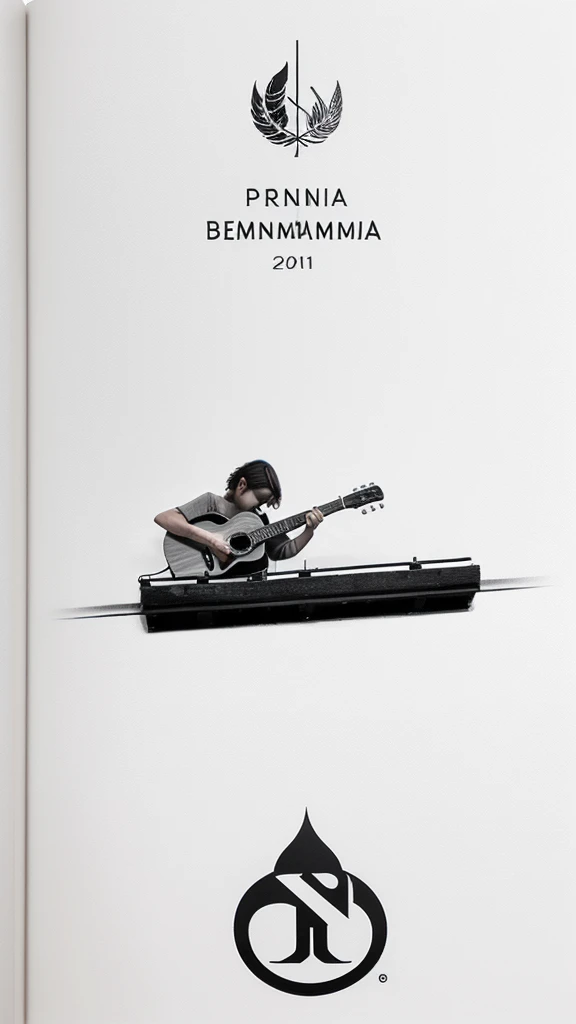 A minimal, modern, simple, cinematic logotype for the brand “Penamemoria". The logotype must be a simple, magical feather and a boy playing acoustic guitar. The logo must convey a sense of music, stories and dreams. Logo design impressed on a book cover. Minimalistic logo