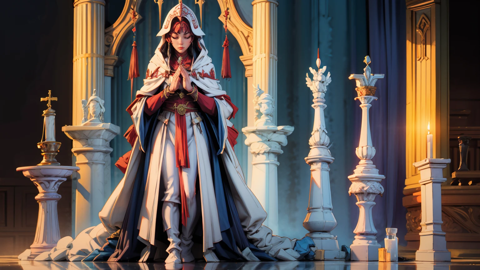 ((masterpiece,best quality)),((full body view)),mature woman, holy priestess, white cloak, pray,🙏, head bowing, holy aura, eyes closed, skindention, tight cloth, dinamic pose, candle light, light reflection, dark church, watercolour, BREAK red skin, demoness ,standing behind, whispering sins