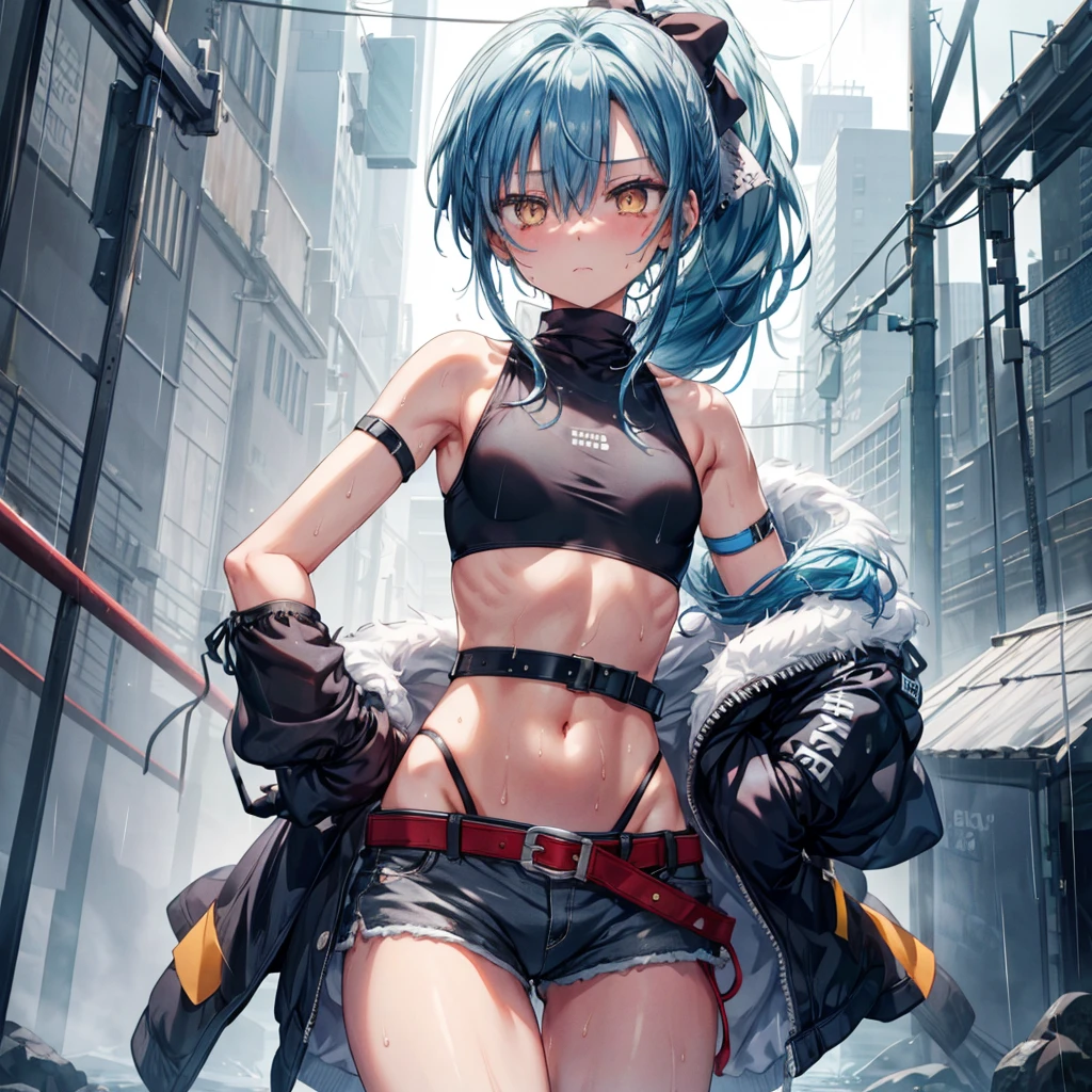 ((Highest quality)), ((masterpiece)), ((detailed)), (4K), a girl with blue hair and a top with short sleeves holding a screw driver, 1girl, 独奏, long hair, blue hair, navel, gloves, shorts, breasts, sweat, wrench, short shorts, very long hair, underwear, panties, holding, belt, arm up, ponytail, small breasts, blurry background, gray sky, rain, looking at viewer, black gloves, white panties, sports bra, wiping sweat, bow, bare shoulders, bangs, cowboy shot, yellow eyes, midriff, hair bow, expressionless