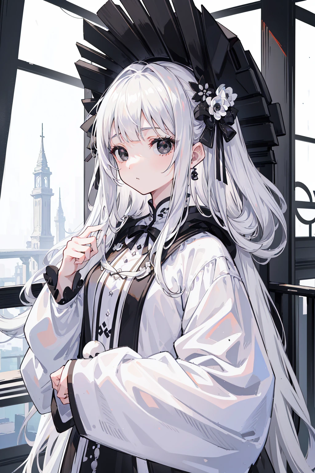 (Top image quality)、(Very detailed)、(Facing forward)、Top quality、masterpiece、(((1 girl )))、Silver Hair、White hair、((Long hair))、Weaving、(black eyes:1.6)、(White and black cheongsam)、Hooded dress、Lots of decorations、Lots of ribbons、White Ribbon、She looked grim.、Fluffy loose hair、Hanfu
