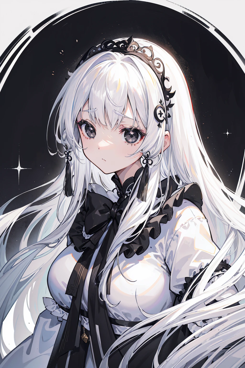 (Top image quality)、(Very detailed)、(Facing forward)、Top quality、masterpiece、(((1 girl )))、Silver Hair、White hair、((Long hair))、Weaving、(black eyes:1.6)、(White and black cheongsam)、Hooded dress、Lots of decorations、Lots of ribbons、White Ribbon、She looked grim.、Fluffy loose hair、Hanfu