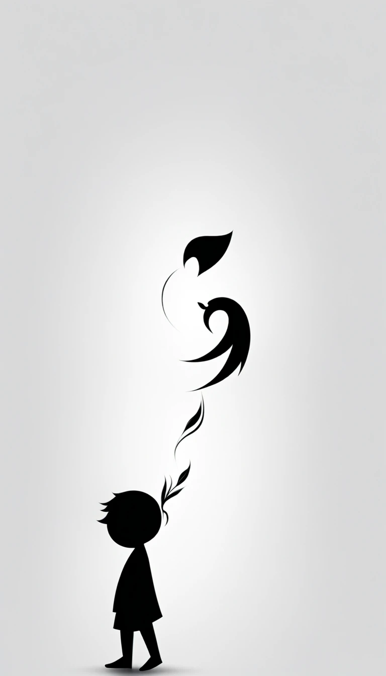A minimalist, fantastic, poetic, dreamy, captivating, memorable, masterpiece, modern, simple logo design of a boy and a feather for the brand “Penamemoria". The logo must convey a sense of music, stories and dreams. Minimalistic logo design of a boy and a feather.