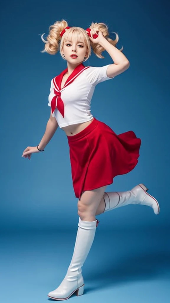 The person is also generated vertically.Create a highly detailed image of a confident, magical girl character striking a dynamic pose. The character should have long, blonde twin-tails with red accessories, and she should be wearing a white and navy blue sailor outfit with a large red bow on the chest. Her outfit should include white gloves, red knee-high boots, and a red choker. Background is dim and scary.