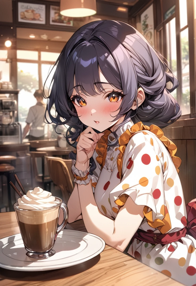 masterpiece, best quality, ultra-detailed, beautiful detailed eyes, 1girl, anime Mo artstyle, Drawing of the character from “The Maple Story”, polka dot dress, cafe, tasty coffee