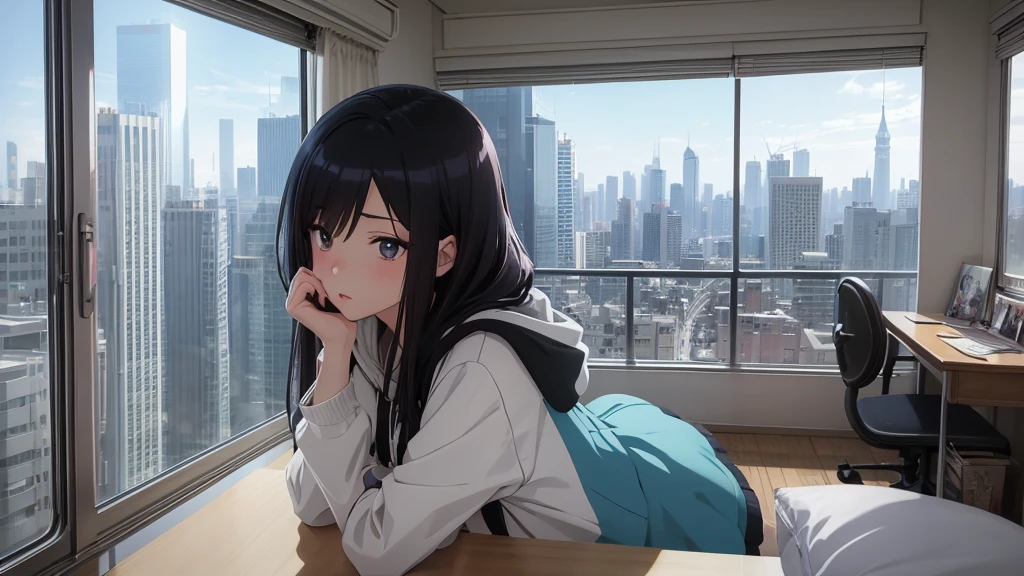 Absurd, Ultra-high resolution, (Official Art, beautifully、mysterious:1.2), Correct human body composition, Striking eyes, Oversized hoodie and short skirt, Shiny black hair, Larger than average bust, Girl listening to music with headphones, Looking out the window, Coffee on the desk, lo-fi girl, Makoto Shinkai and Artgelm, Anime atmosphere, Lofi Art Style, Anime style 8k, Anime Aesthetics, Lo-fi feel, Anime Art Wallpapers 8K, An atmosphere of praise, City Room, age Girl's Room, A room for music lovers, city view from the window, Impressive cityscape, Bright sky