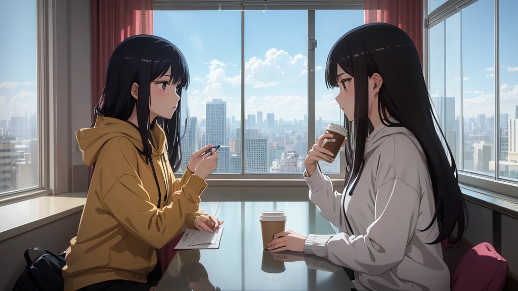 Absurd, Ultra-high resolution, (Official Art, beautifully、mysterious:1.2), Correct human body composition, Striking eyes, Oversized hoodie and short skirt, Shiny black hair, Larger than average bust, Girl listening to music with headphones, Looking out the window, Coffee on the desk, lo-fi girl, Makoto Shinkai and Artgelm, Anime atmosphere, Lofi Art Style, Anime style 8k, Anime Aesthetics, Lo-fi feel, Anime Art Wallpapers 8K, An atmosphere of praise, City Room, Teenage Girl's Room, A room for music lovers, city view from the window, Impressive cityscape, Bright sky