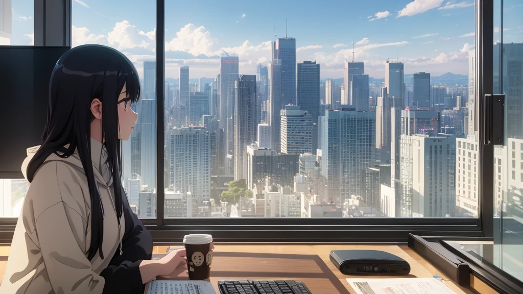 Absurd, Ultra-high resolution, (Official Art, beautifully、mysterious:1.2), Correct human body composition, Striking eyes, Oversized hoodie and short skirt, Shiny black hair, Larger than average bust, Girl listening to music with headphones, Looking out the window, Coffee on the desk, lo-fi girl, Makoto Shinkai and Artgelm, Anime atmosphere, Lofi Art Style, Anime style 8k, Anime Aesthetics, Lo-fi feel, Anime Art Wallpapers 8K, An atmosphere of praise, City Room, Teenage Girl's Room, A room for music lovers, city view from the window, Impressive cityscape, Bright sky