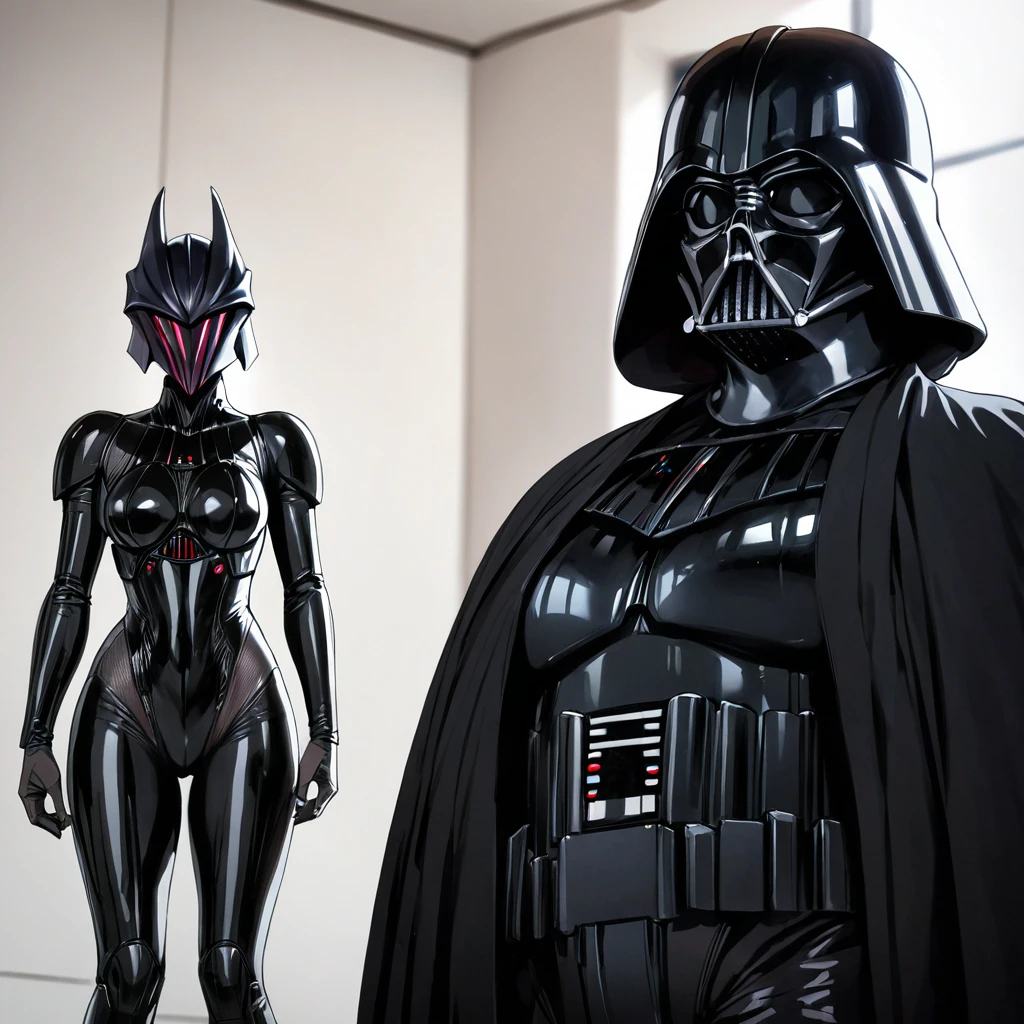 ((Highest quality)), ((masterpiece)), (detailed), （Perfect Face）、The woman is the Sith Lord Tearju, with medium-long blonde hair, a female version of Darth Vader, wearing the same bodysuit and protector as Darth Vader, a full-face helmet as Darth Vader, and a black cloak.、The woman stands next to Darth Vader