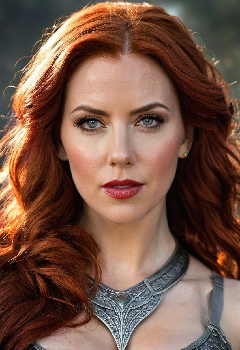 A portrait of Red Sonja whose facial features are a combo of Maitland Ward + Scarlett Johansson + Rachelle Lefevre + Bridget Regan + Rachel Nichols + Rose McGowan. Red Sonja has lovely makeup on her face. Fantasy setting. Symmetrical eyes. Symmetrical face. Great details. Photorealistic. Full-colored photo. Professional photo. Highly detailed 8K.