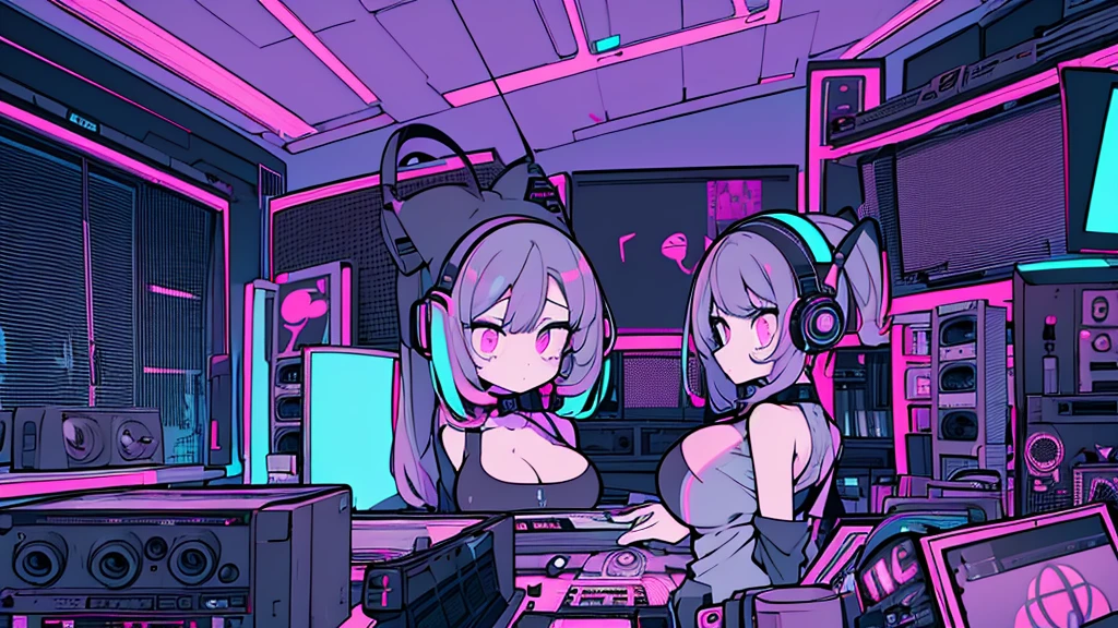 Best quality, (masterpiece), best detail face,1 girl, big breasts, 18 yo, 8k,absurdres,unity 8k wall paper,(extremely detailed:1.3), highest realistic, (retro headphones:), (soft neon light:), (psychedelic), Her room full of music equipment and records, sports wear , See the whole room , dark grey color pallet