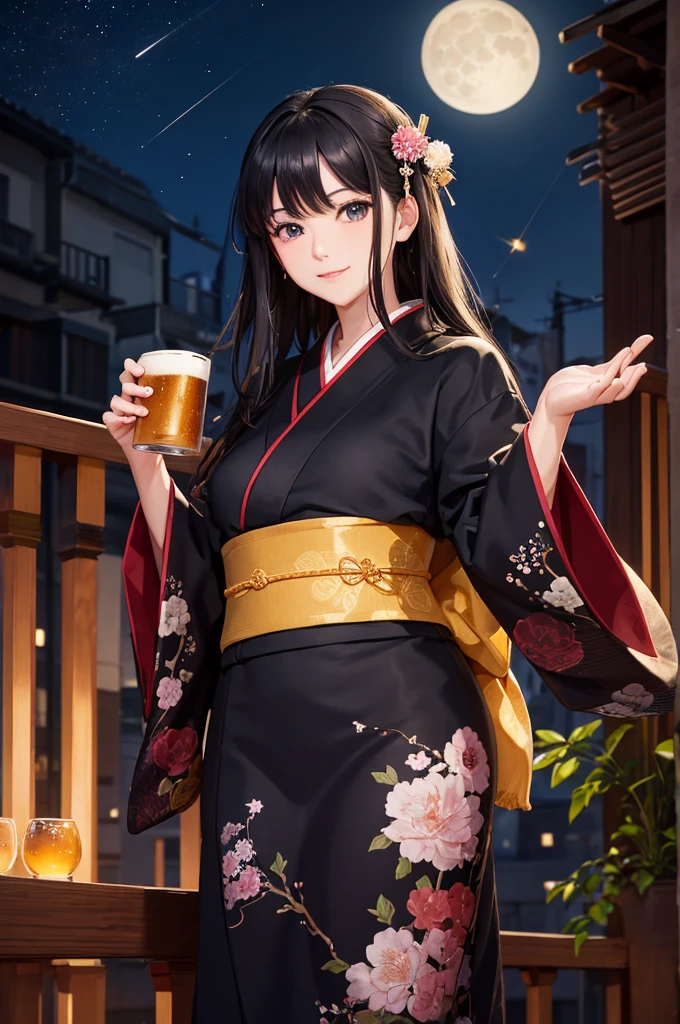 (masterpiece), best quality, expressive eyes, perfect face, At night, under the city lights, on a balcony of an apartment, a A beautiful black-haired woman in a kimono drinks beer, smiling, under the moon and stars, feeling the night breeze.