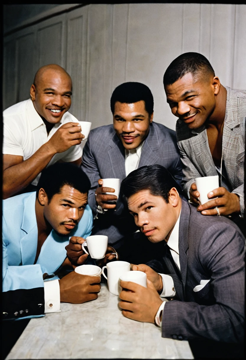 Mr Muhammad Ali,Mr Sugar Ray Robinson, Mr Joe Louis,Mr Mike Tyson,Mr Floyd Mayweather,Mr Manny Pacquiao, Sitting together drinking coffee happily.