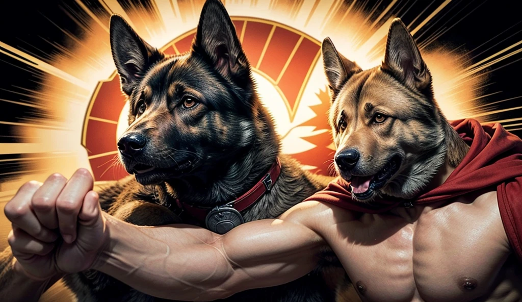 Um mascote para Team coat of arms, the character is a humanoid German shepherd dog, Muscular and strong, arm with fist throwing a punch, rosto furioso, drawing version made in illustrator, swirly vibrant colors, vectorial art, best qualityer, Team coat of arms
