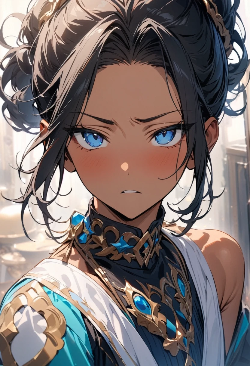 (( straight face picture )) ((best quality)), (Masterpiece)), (details), ( Beautiful colors ) ( ornamentation ), young man , Tanned skin , black hair ,blue eyes ,Hair up to the neck ,I'm a little shaggy. , open forehead , wearing a black suit ,white tie , Wear a white doctor's coat , black hand ,holding a red rosary