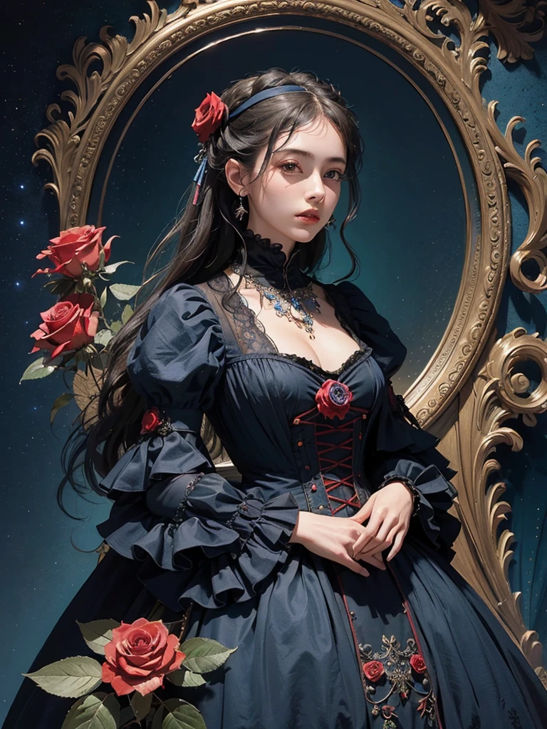 (masterpiece、quality、quality、detailed and complex、official art、aesthetically pleasing:1.3)、(1 woman:1.3)、(Fractal Art:1.3)、very colorful、vivid、victorian era clothing,Royal Blue,Red Rose,Requiem of the Rose,Black Costume
