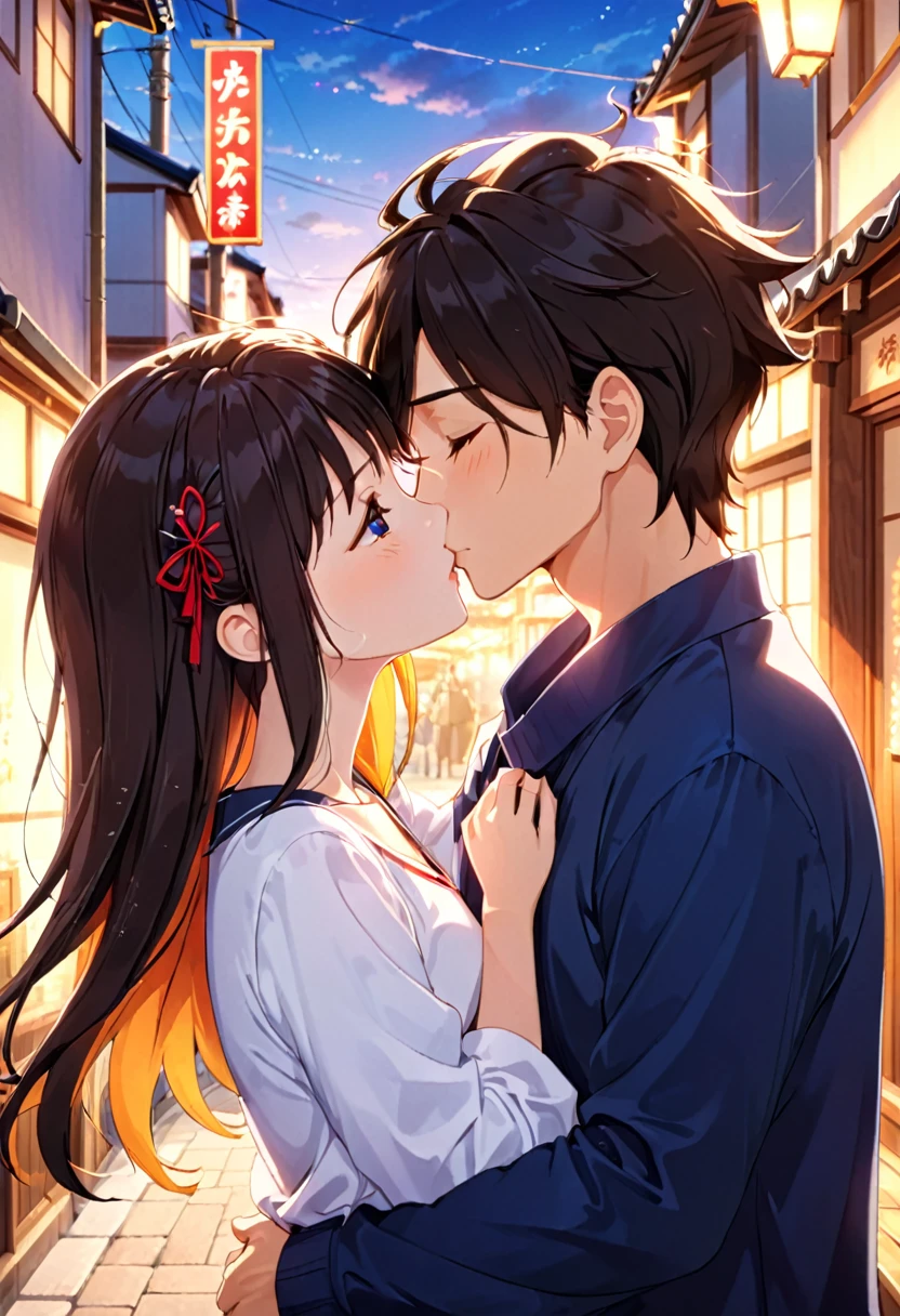 1 couple kissing intimately, romantic couple kissing tenderly, two lovers kissing passionately, embracing couple kissing softly, young couple kissing cutely, intimate kiss between romantic partners, tender kiss between lovers, passionate kiss between two people, lovers' kiss, romantic kiss, intimate kiss, tender kiss, soft kiss, cute kiss, kyoto animation style, anime style, anime screenshot, anime scene, highly detailed, high resolution, 8k, photorealistic, masterpiece, cinematic lighting, warm color palette, vibrant colors