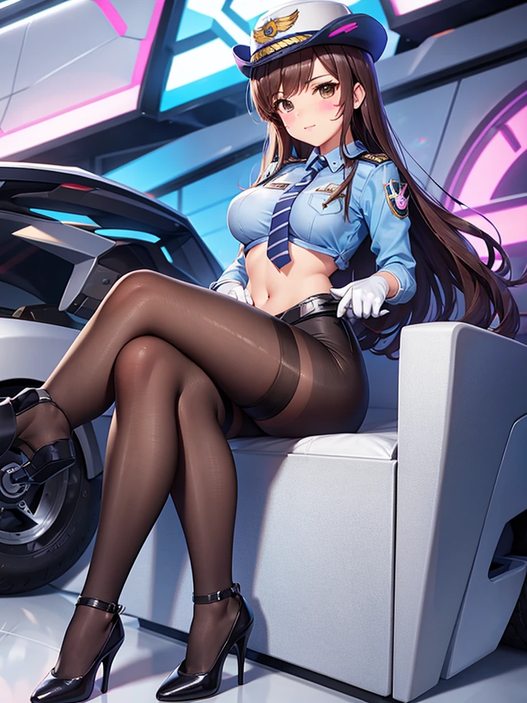 officer dva, solo girl, medium breast, wide hips, thighs, full body, high heels, sitting, crossed legs