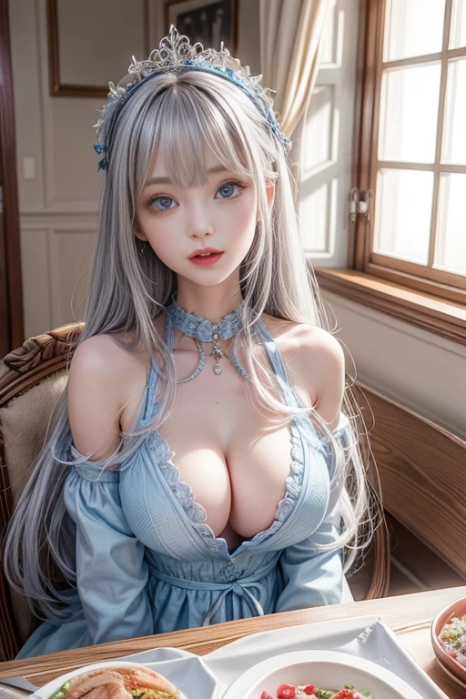Bright expression、photography realism、best quality、Ultra-high resolution、picture、Very beautiful Nordic girl photos、Lovely and beautiful facial details、Beautiful Bangs、Alice in Wonderland、20 years old、Fair and shiny skin、露出脸部的Bangs、Bangs 、Hair between the eyes、Extra long hair、Charming Bright Natural Silver Extra Long Straight Fine Hair、Make hair smoother、Bright light blue big eyes are bright, beautiful and charming、open chest、Winter clothes、Eyeliner、Double eyelids、erect nipples