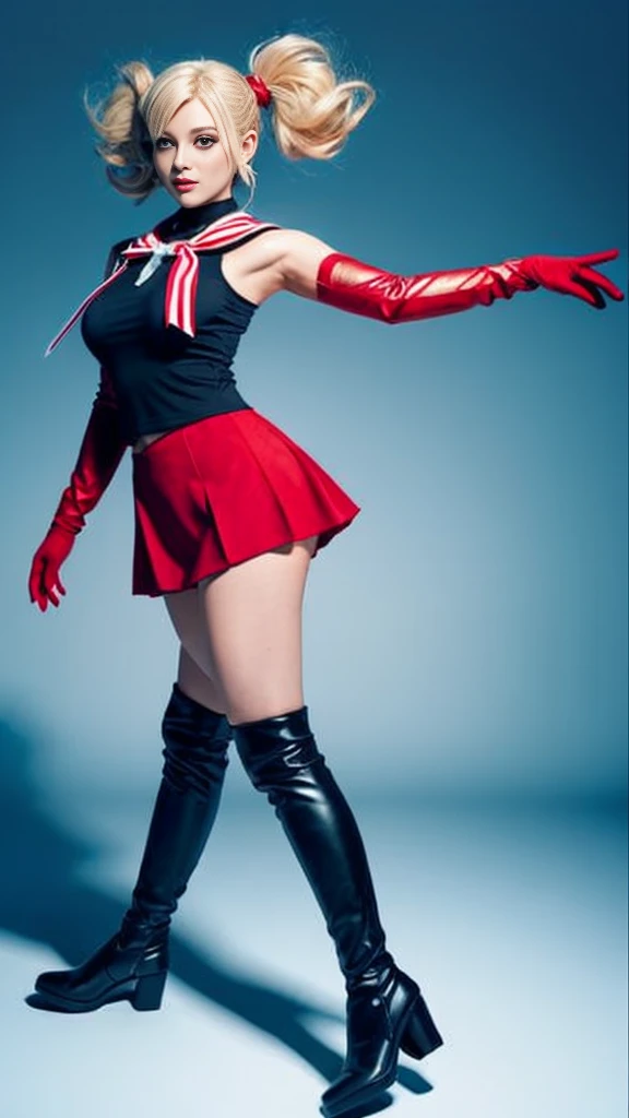 The person is also generated vertically.Create a highly detailed image of a confident, magical girl character striking a dynamic pose. The character should have long, blonde twin-tails with red accessories, and she should be wearing a white and navy blue sailor outfit with a large red bow on the chest. Her outfit should include white gloves, red knee-high boots, and a red choker. Background is dim and scary.