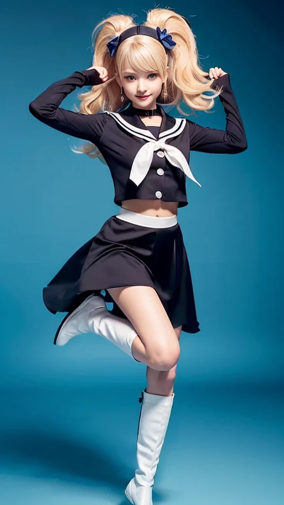 The person is also generated vertically.Create a highly detailed image of a confident, magical girl character striking a dynamic pose. The character should have long, blonde twin-tails with red accessories, and she should be wearing a white and navy blue sailor outfit with a large red bow on the chest. Her outfit should include white gloves, red knee-high boots, and a red choker. Background is dim and scary.