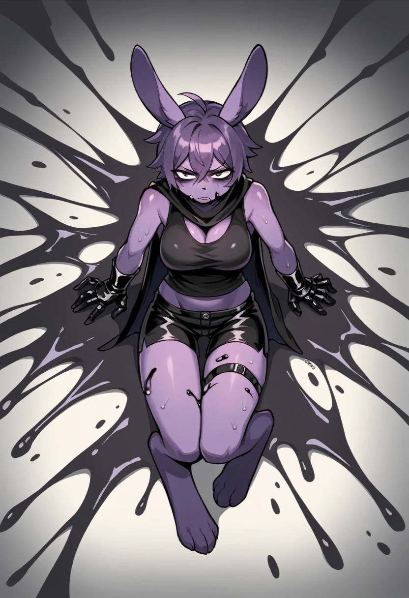 create a picture of a female half rabbit character with purple giant rabbit digitigrade legs with white paws and black stains, put purple rabbit ears on top of her head with black stains, make her wearing a black athletic tank top and black shorts, put purple fur on her arms from her elbows down, give her short brown hair, make her legs look fluffy and furry, make it in an anime style, make her outfit slightly tattered and torn, make her look super tired, give her black gauntlets, make the background look like a pitch black wet environment, cover her fur in black goo, make the black goo dripping from her arms and legs, make her look bruised, put her in a defeated stance, give her a black tattered cape, give her moderate breasts, give her several large bandages, cover the ground in black goo, make it raining black goo, make the environment very dark, completely soak her in black goo, nearly completely cover her legs in black goo, make her look furious